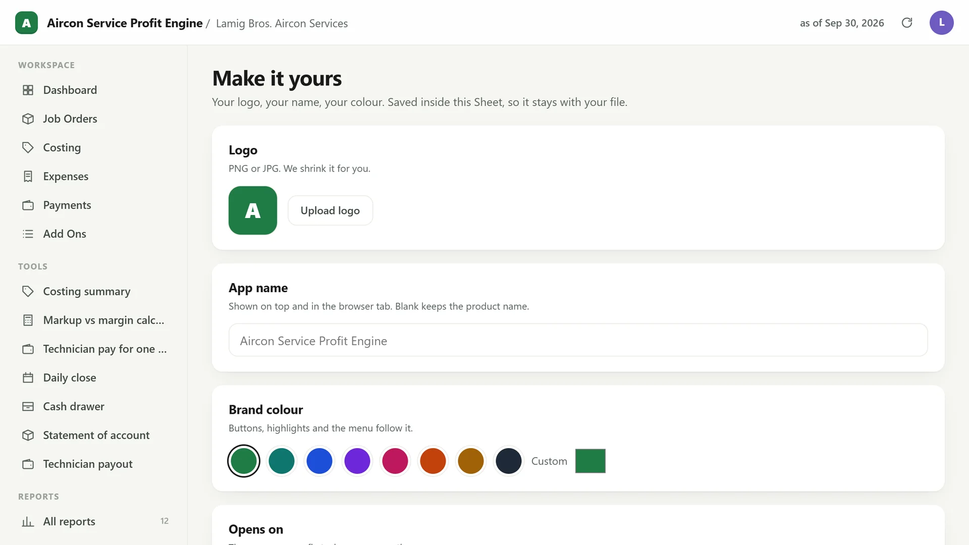 Profit Engine app: Make it yours: your logo, app name and colour (sample data)