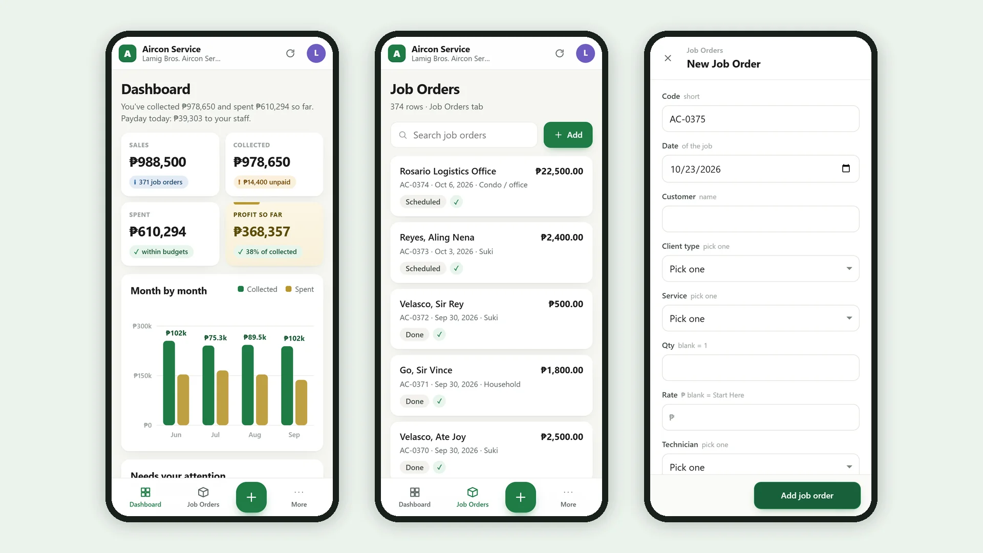 Profit Engine app: the same app on a phone: dashboard, list and add form (sample data)
