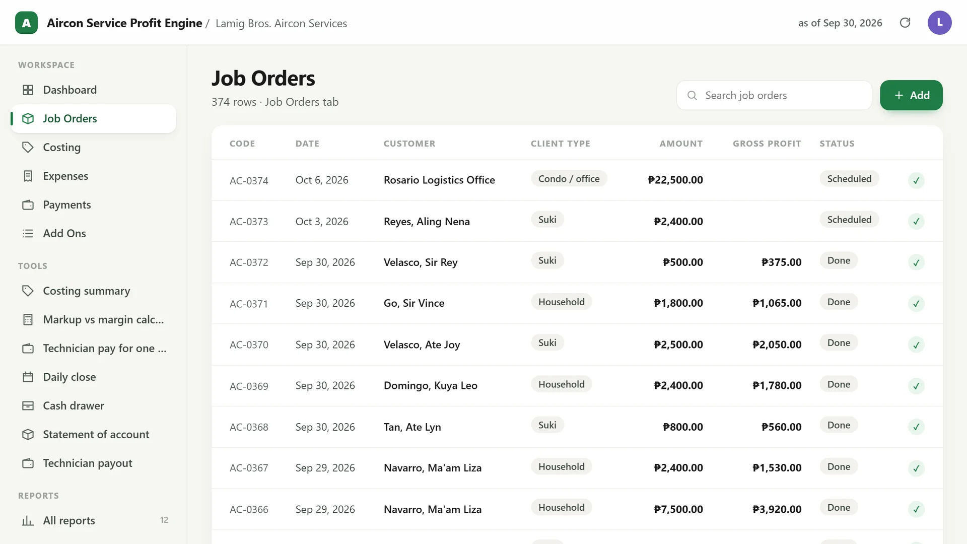 Profit Engine app: the job order list (sample data)