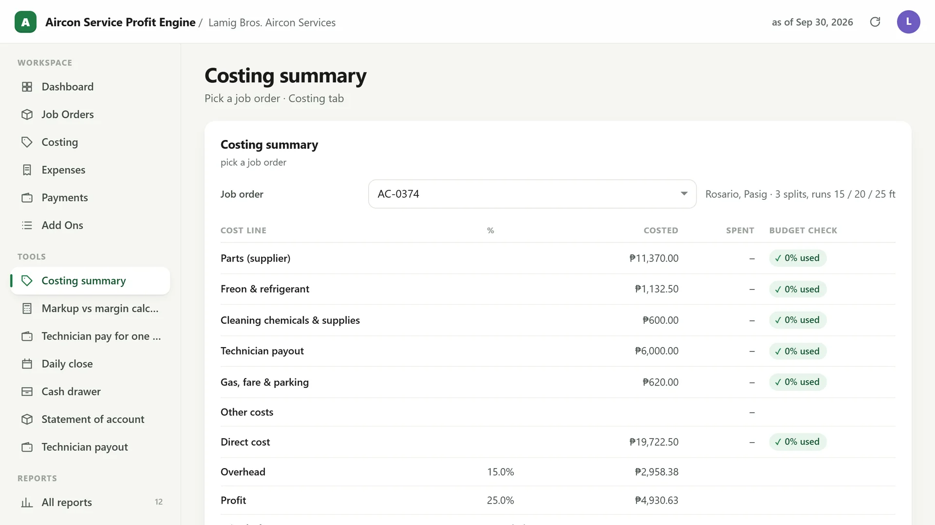 Profit Engine app: Costing summary for a 3-split office install: parts, freon, labor, gas and parking, overhead, profit and the job price (sample data)