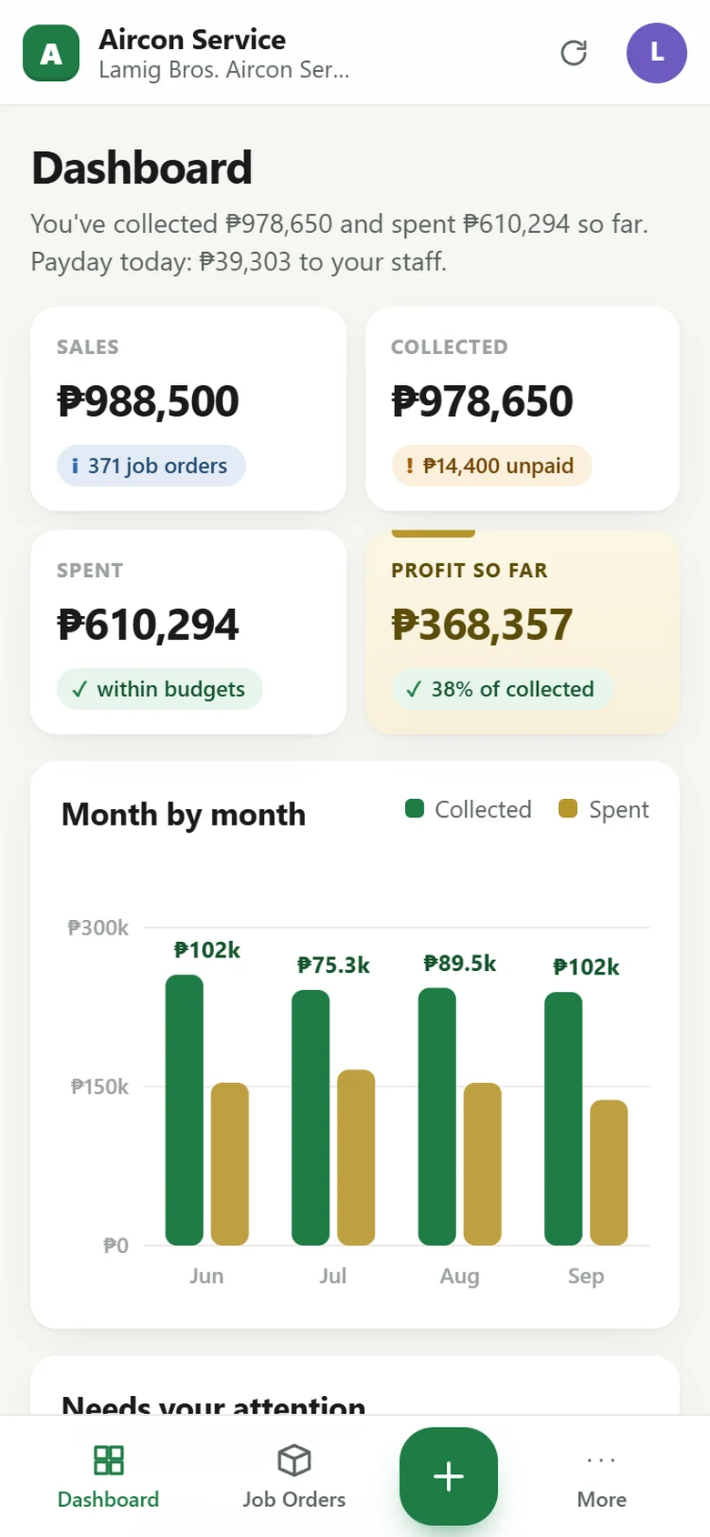 Aircon Service Profit Engine app on a phone (sample data)