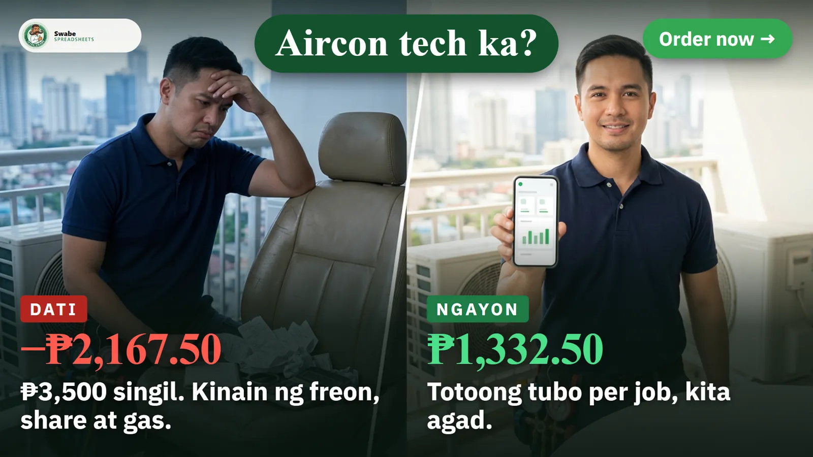 Illustration: a aircon tech owner, stressed before and calm after with the app on the phone