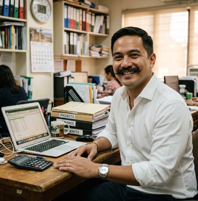 Si Tito Swabe sa desk niya: laptop, calculator, at mga folder