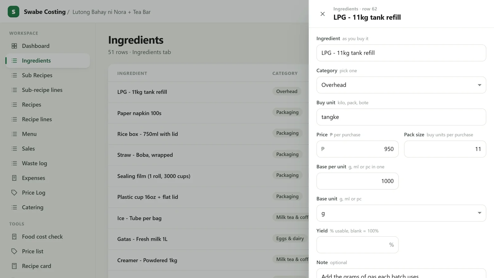 Swabe Costing app: Edit an ingredient (sample data)