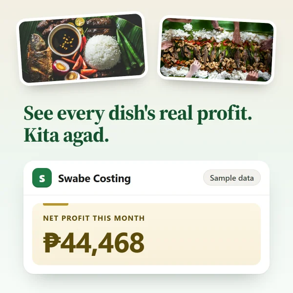 Swabe Costing app: net profit this month, sample data