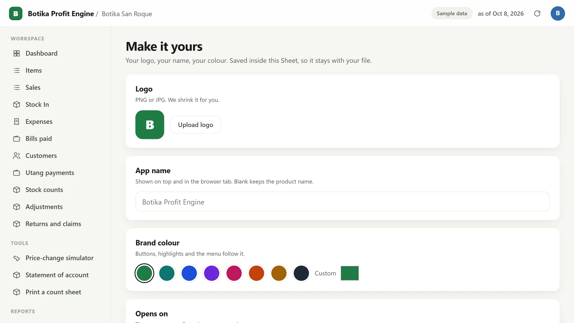 Profit Engine app: Make it yours: your logo, app name and colour (sample data)