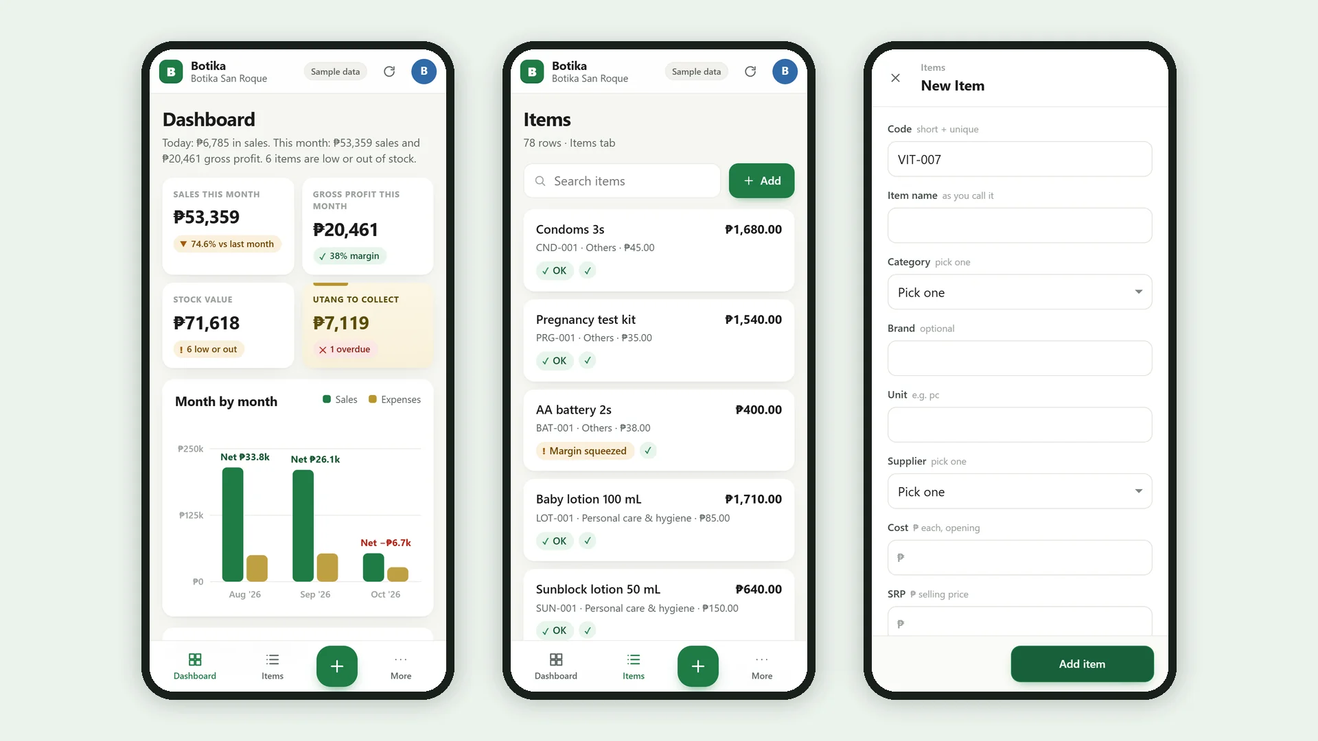 Profit Engine app: the same app on a phone: dashboard, list and add form (sample data)