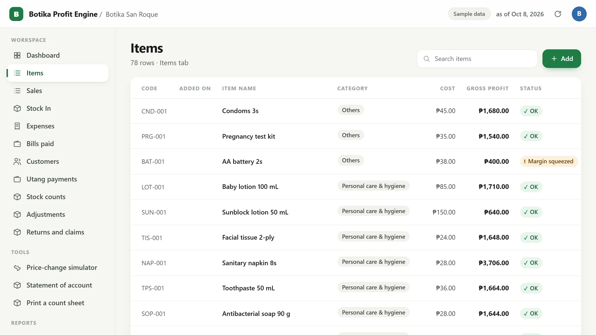 Profit Engine app: the item list with stock on hand and status (sample data)