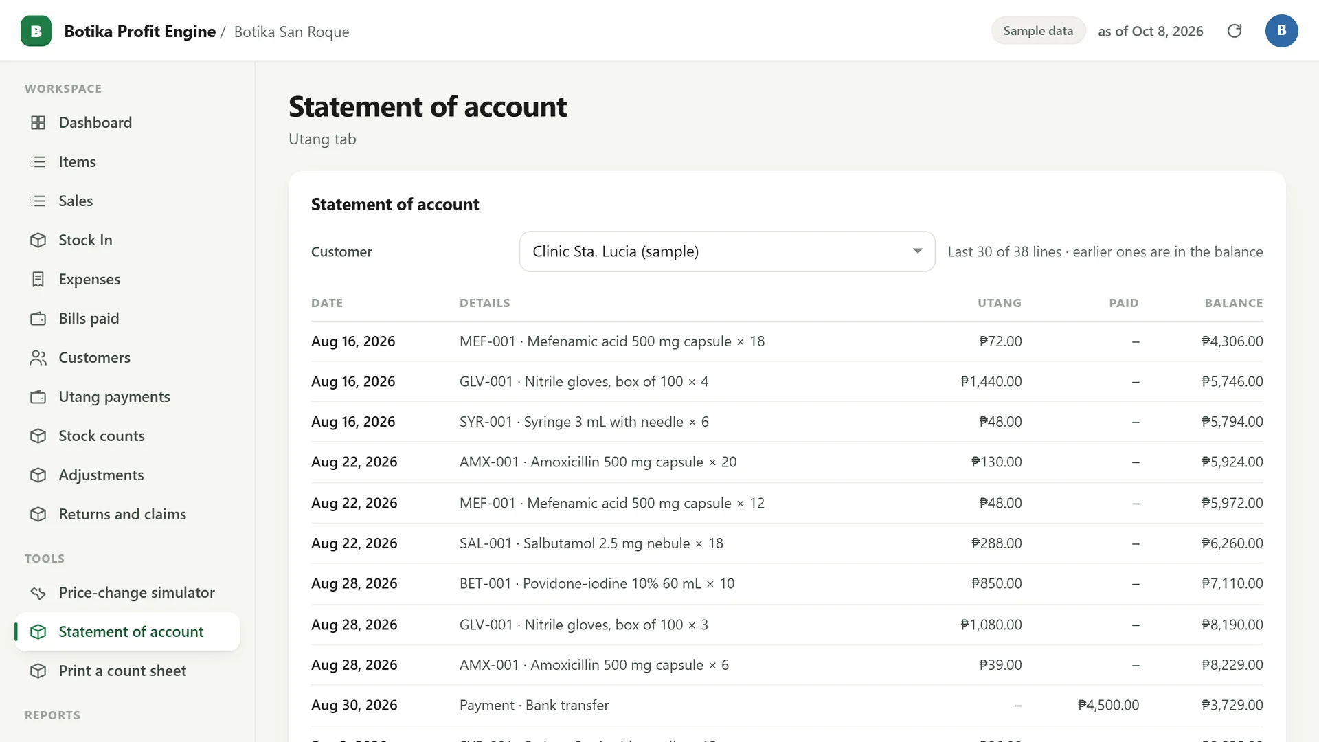 Profit Engine app: Statement of account for one customer, with the running balance (sample data)