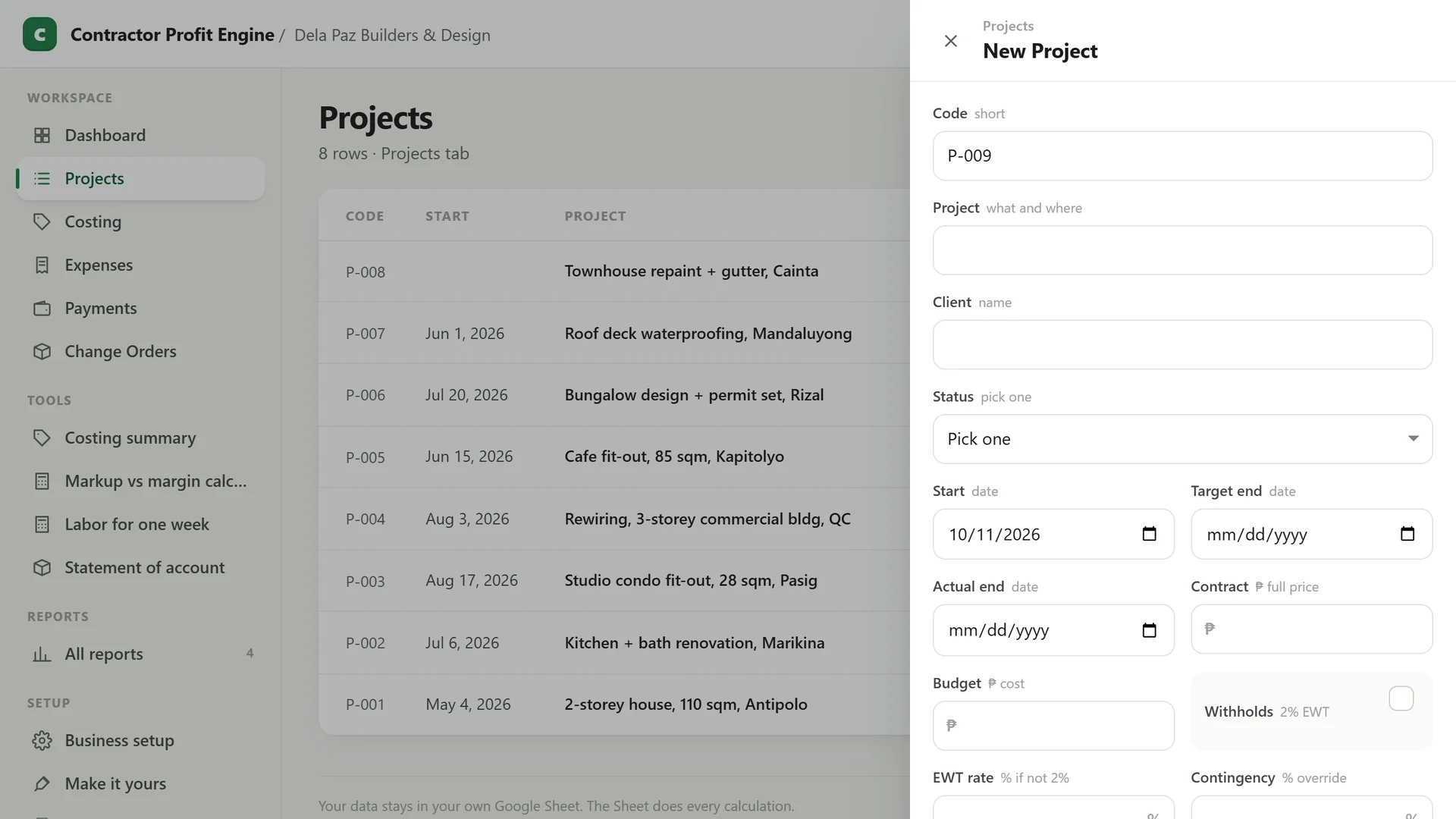 Profit Engine app: the add form for a new project (sample data)