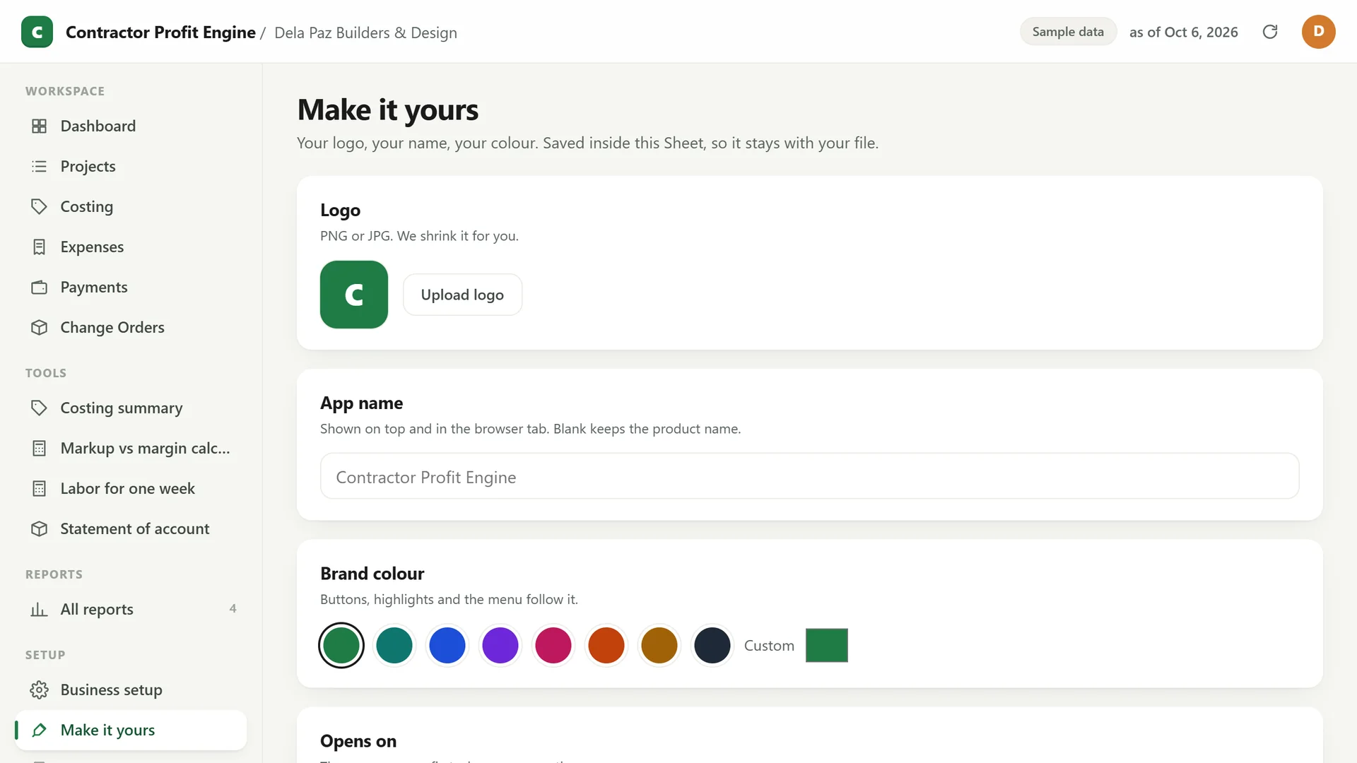 Profit Engine app: Make it yours: your logo, app name and colour (sample data)