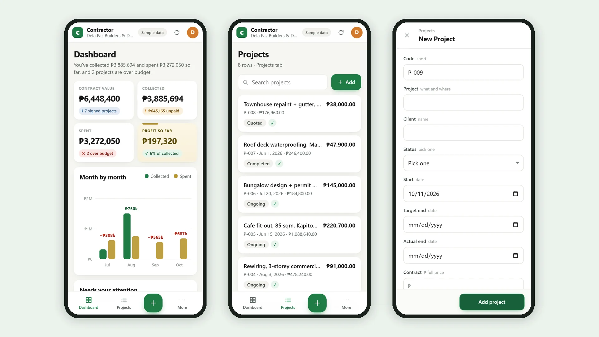 Profit Engine app: the same app on a phone: dashboard, list and add form (sample data)