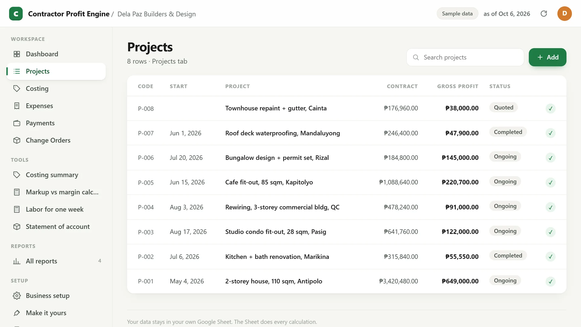 Profit Engine app: the project list (sample data)