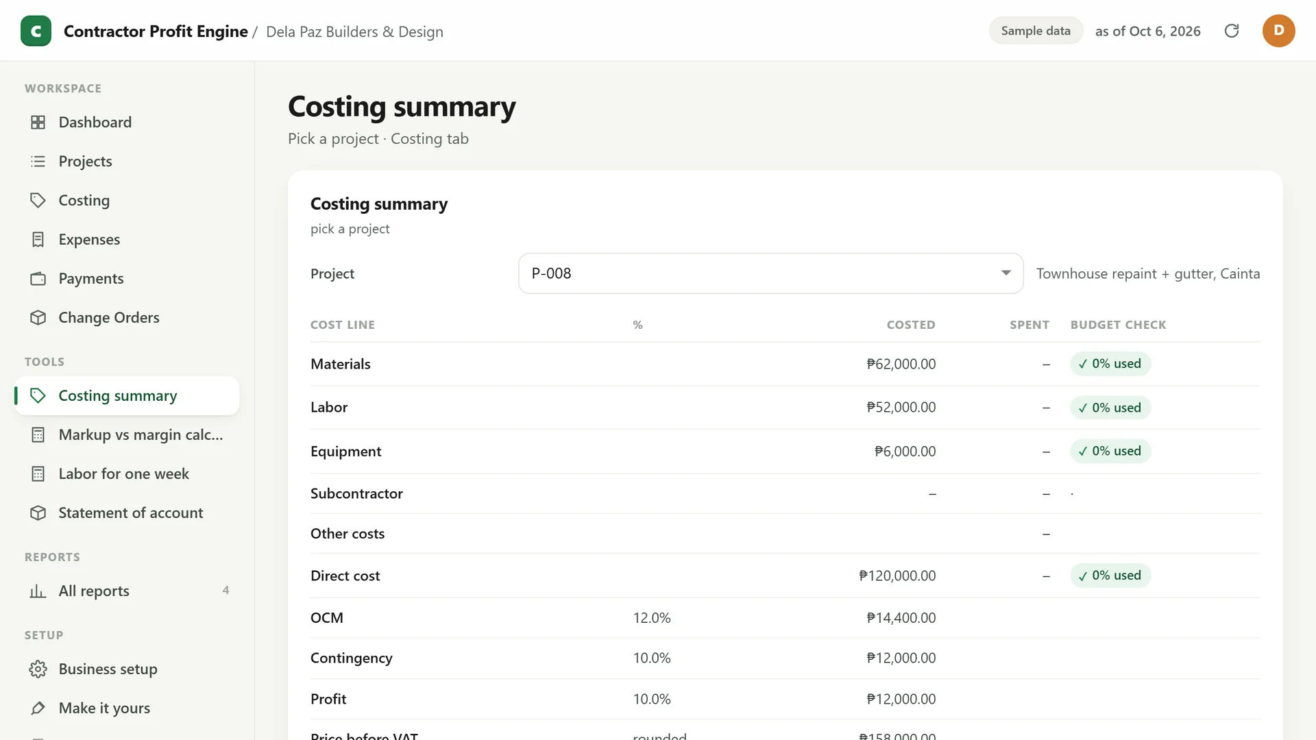 Profit Engine app: Costing per project, vs budget (sample data)