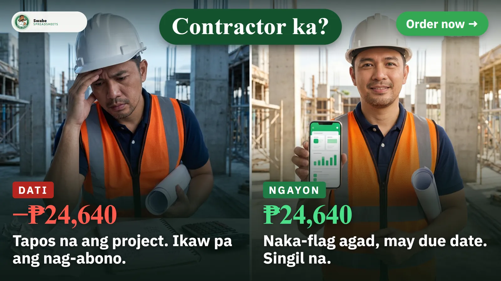Illustration: a contractor owner, stressed before and calm after with the app on the phone