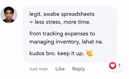 Message from a Swabe Spreadsheets buyer