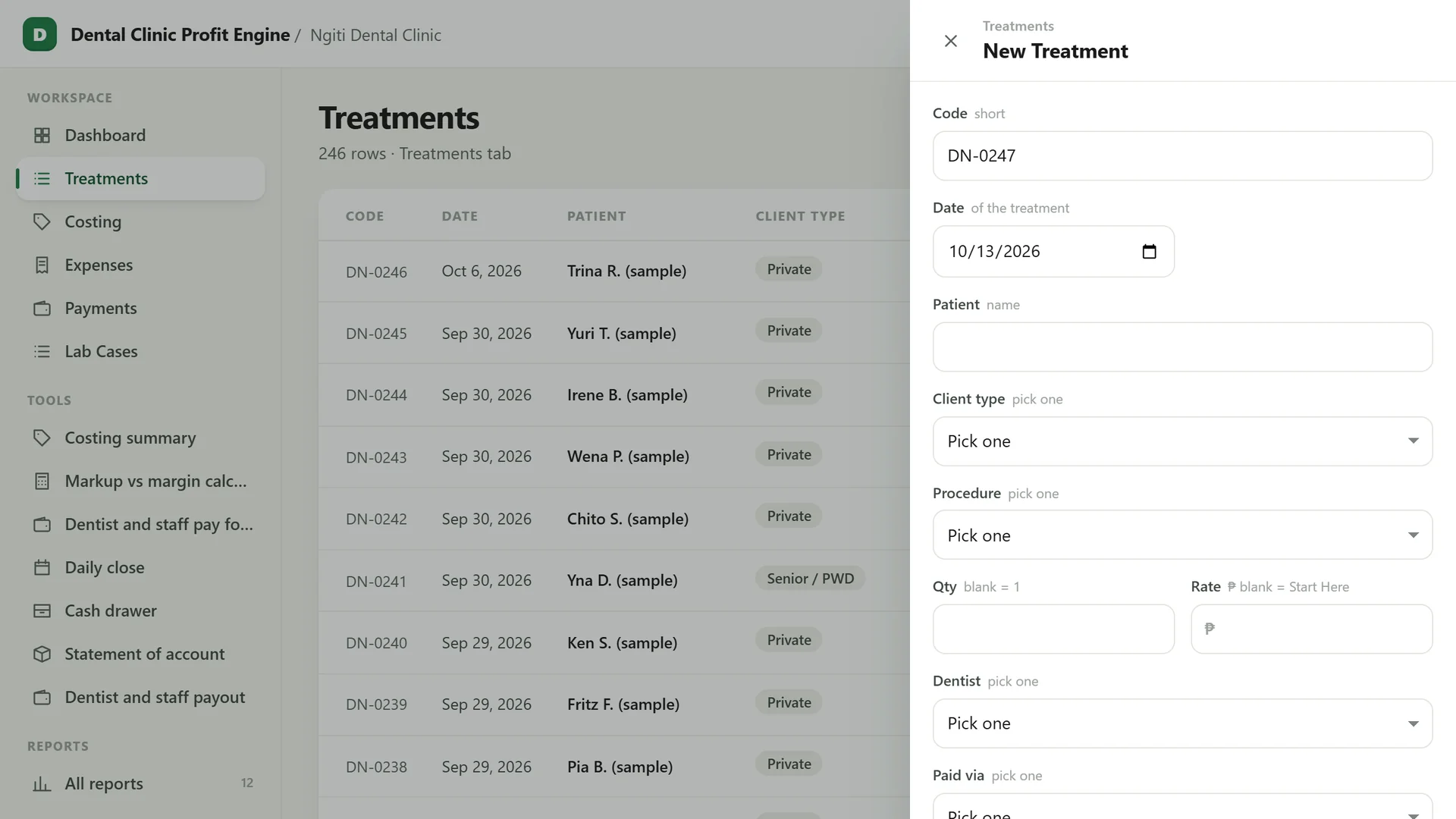 Profit Engine app: the add form for a new treatment (sample data)