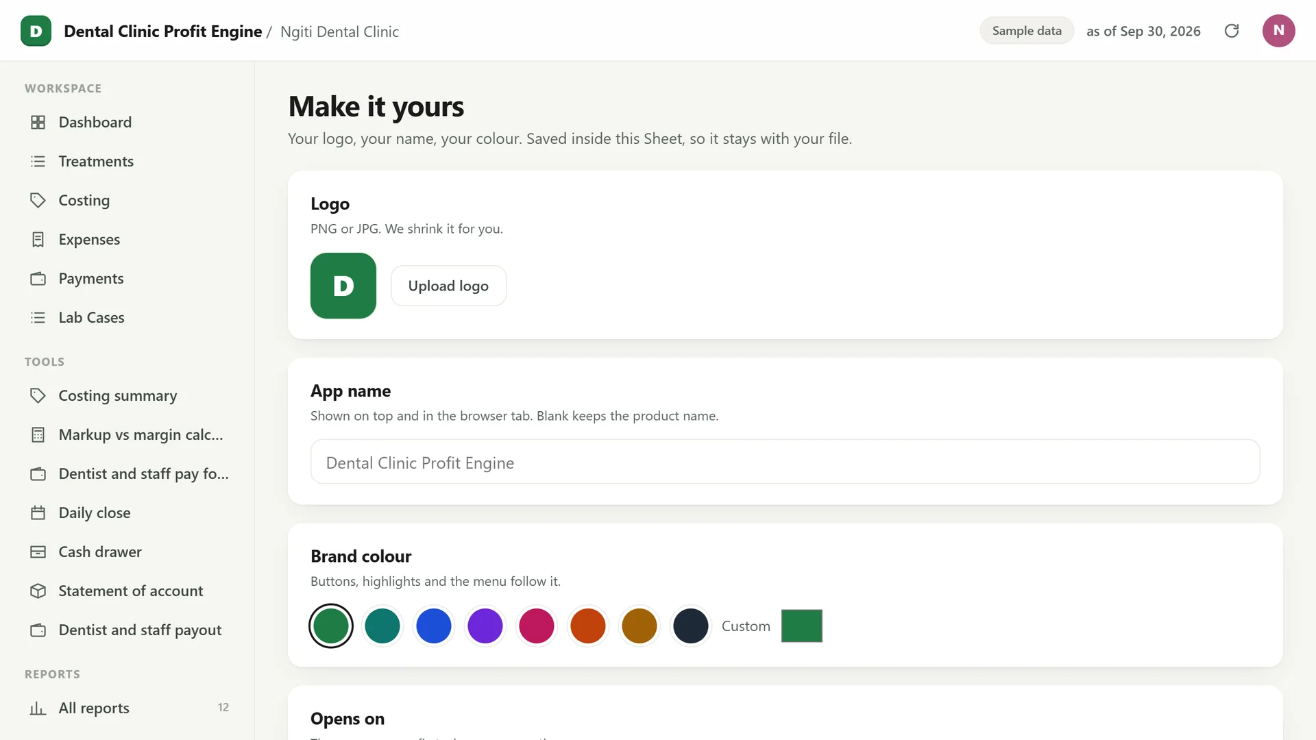 Profit Engine app: Make it yours: your logo, app name and colour (sample data)