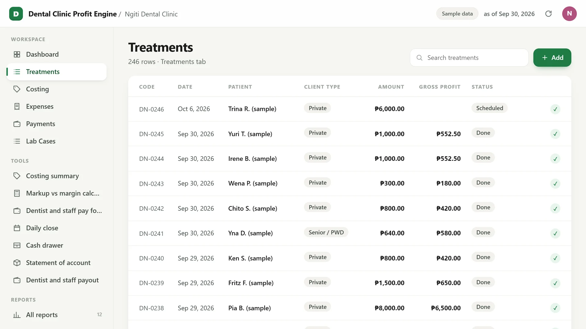 Profit Engine app: the treatment list (sample data)