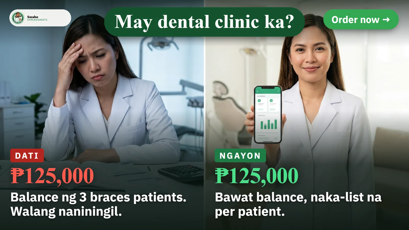 Illustration: a dental clinic owner, stressed before and calm after with the app on the phone