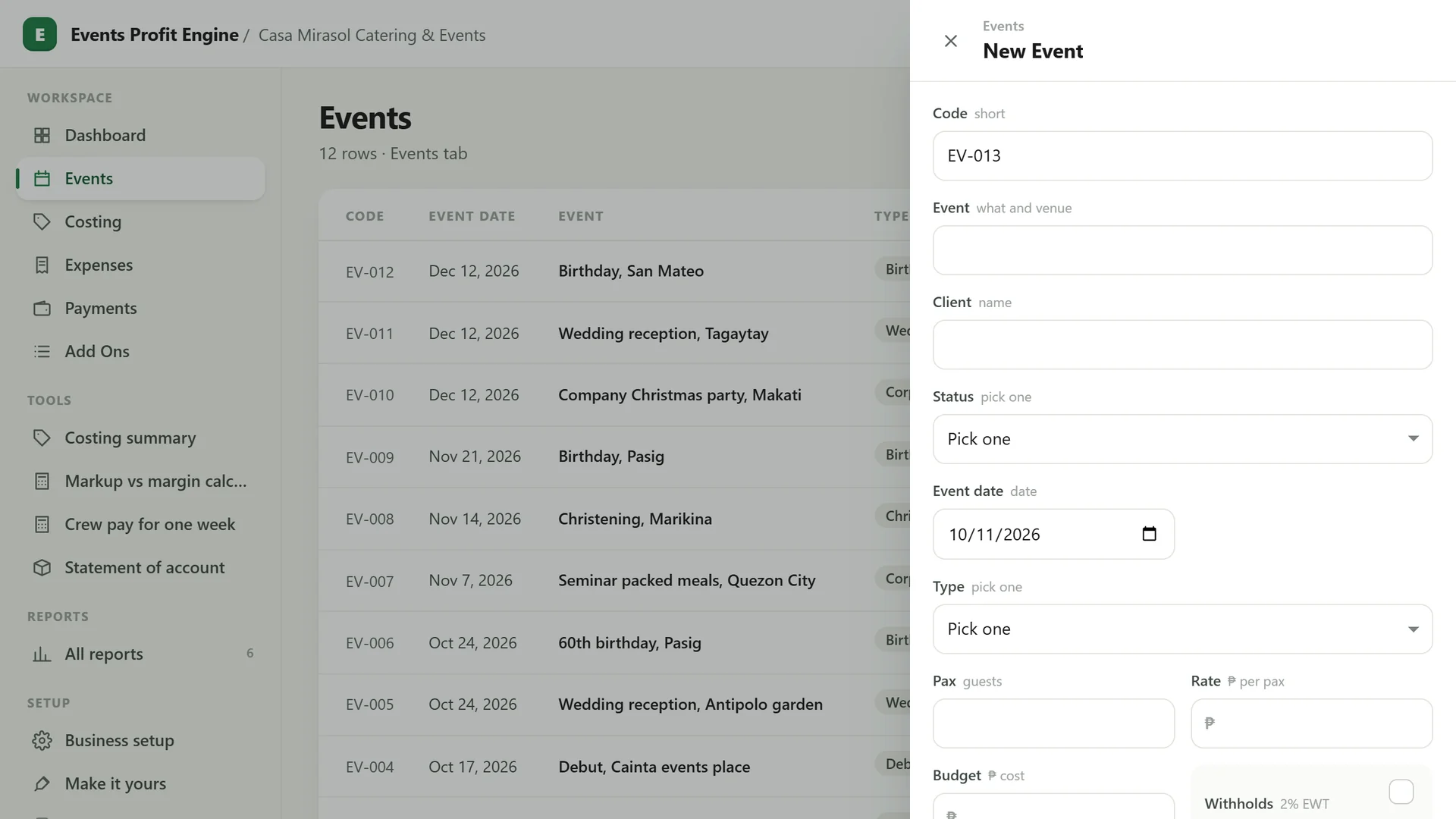 Profit Engine app: the add form for a new event (sample data)