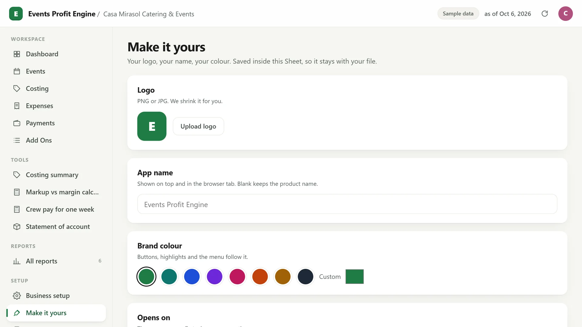 Profit Engine app: Make it yours: your logo, app name and colour (sample data)