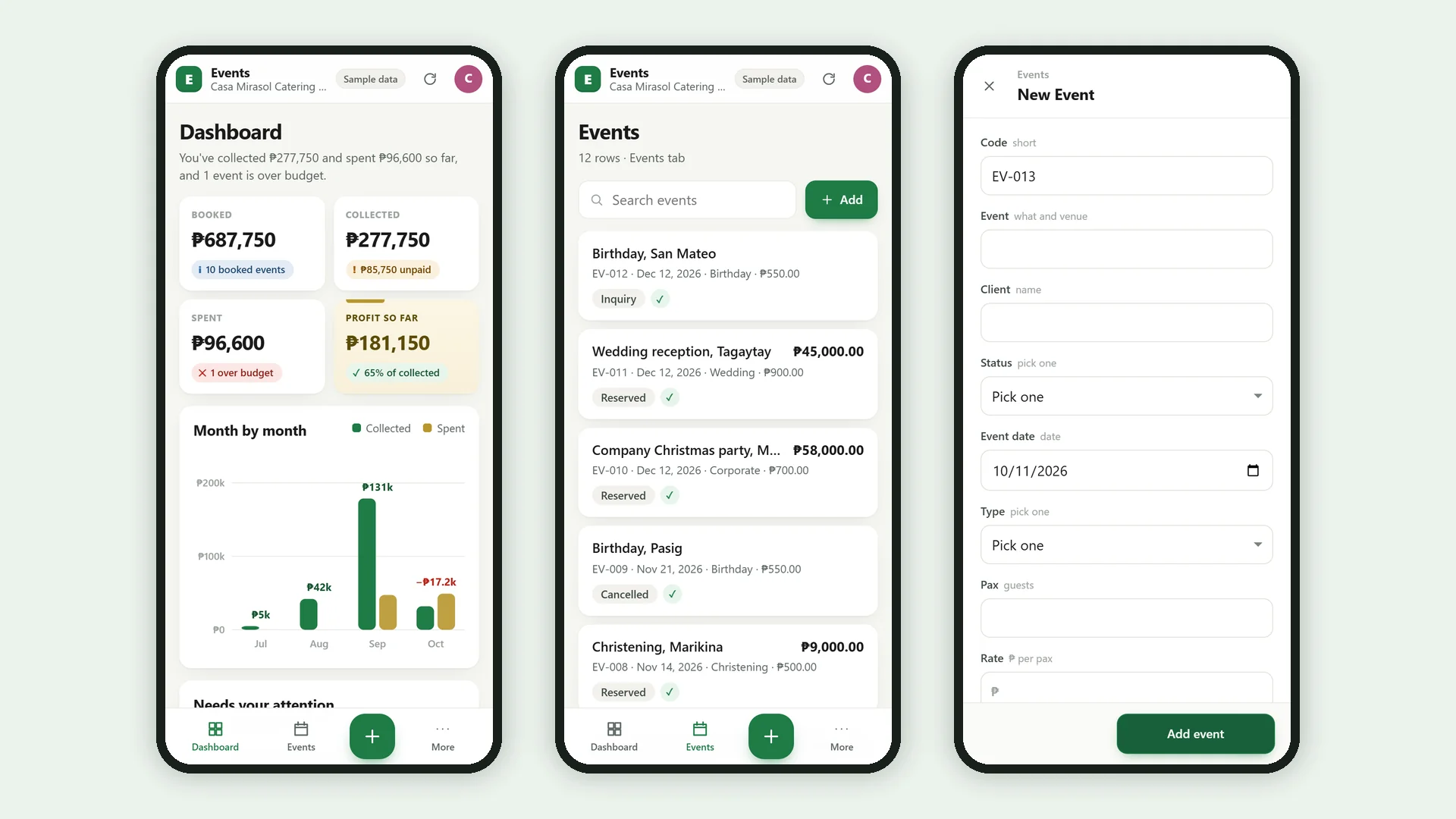 Profit Engine app: the same app on a phone: dashboard, list and add form (sample data)