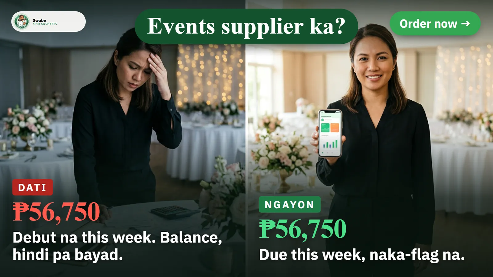Illustration: a events supplier owner, stressed before and calm after with the app on the phone