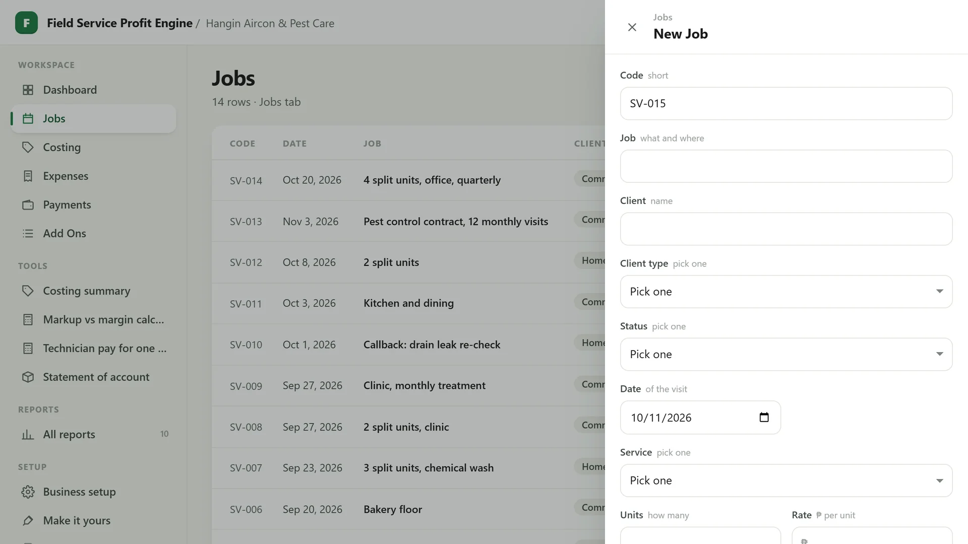Profit Engine app: the add form for a new job (sample data)
