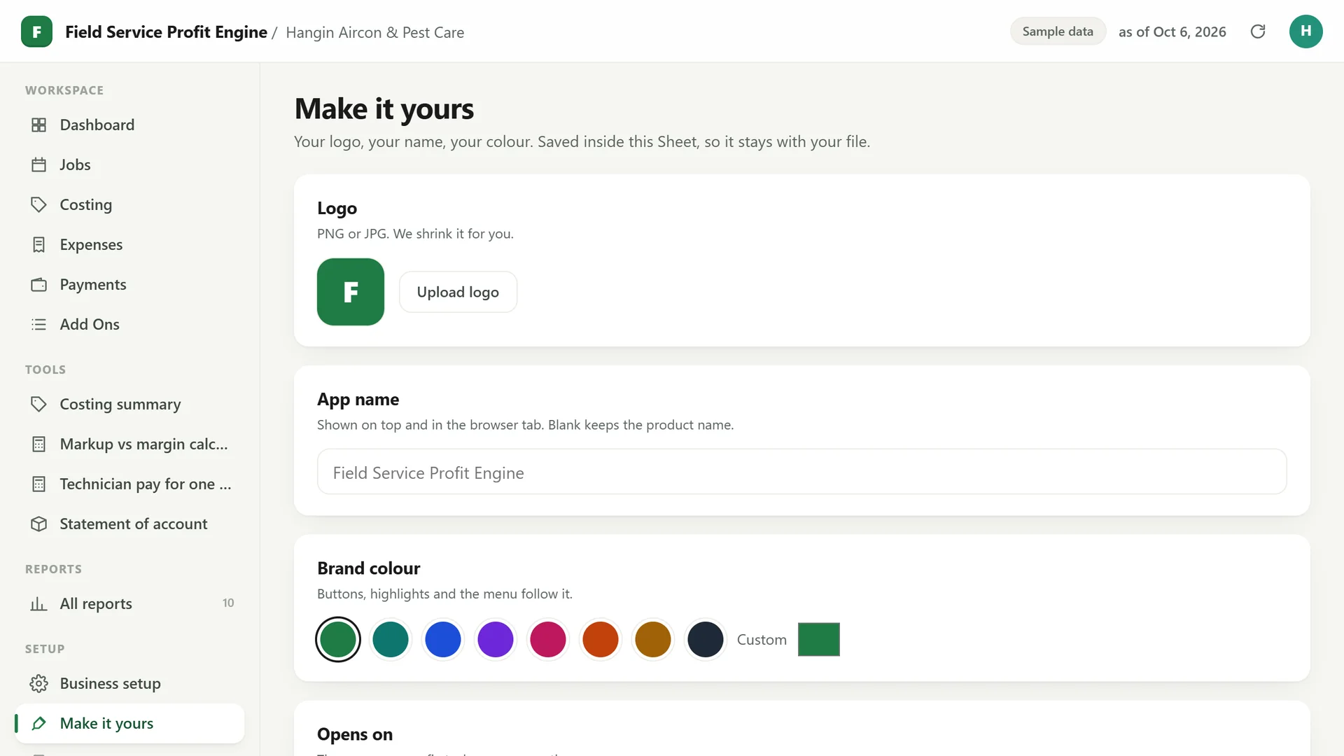 Profit Engine app: Make it yours: your logo, app name and colour (sample data)