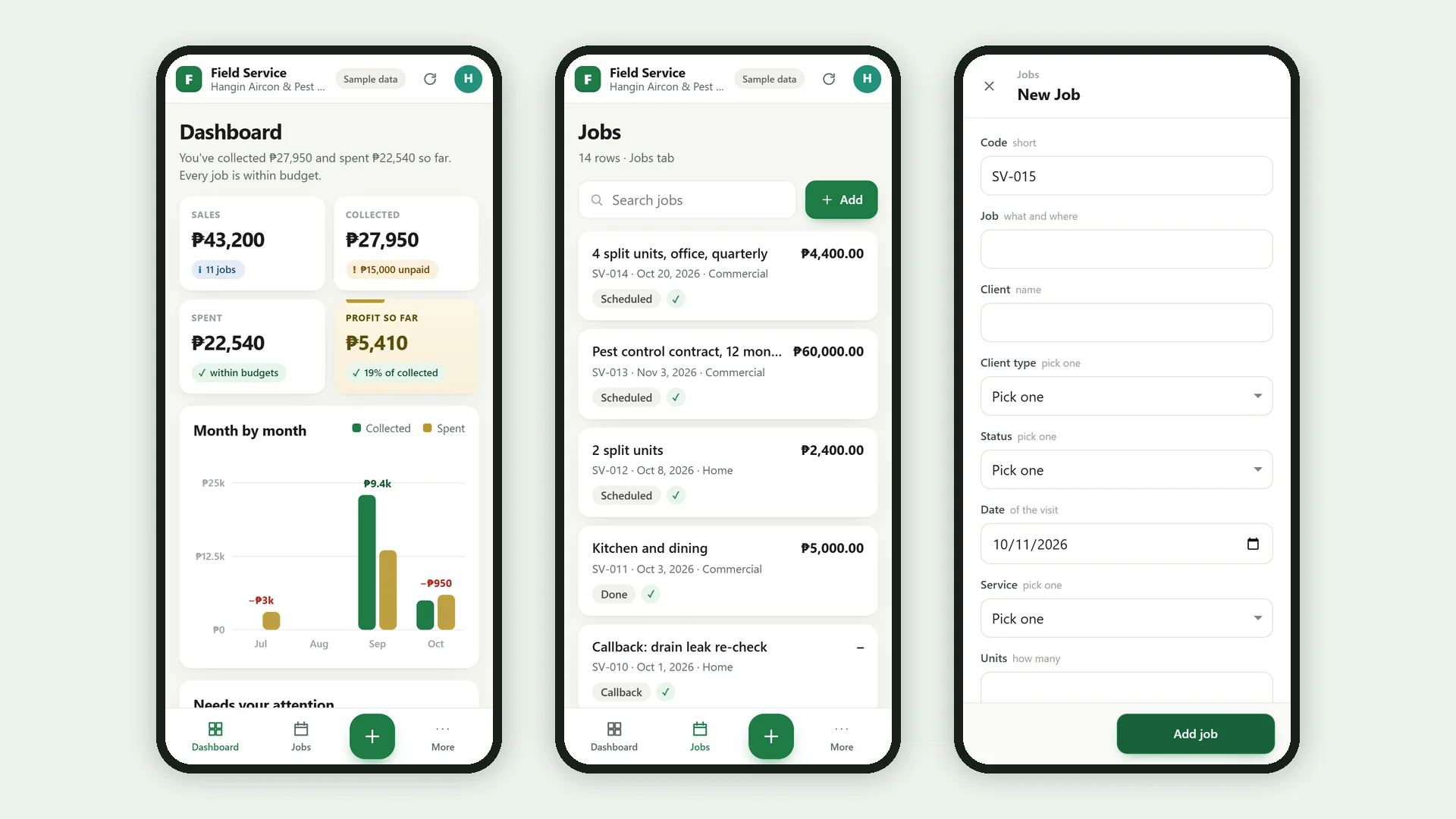Profit Engine app: the same app on a phone: dashboard, list and add form (sample data)