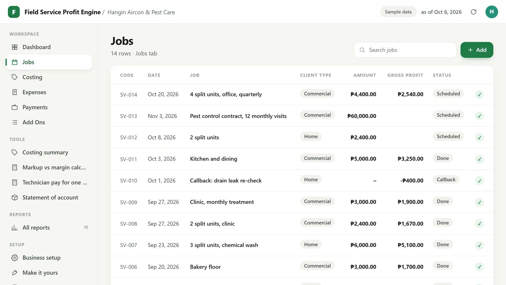 Profit Engine app: the job list (sample data)