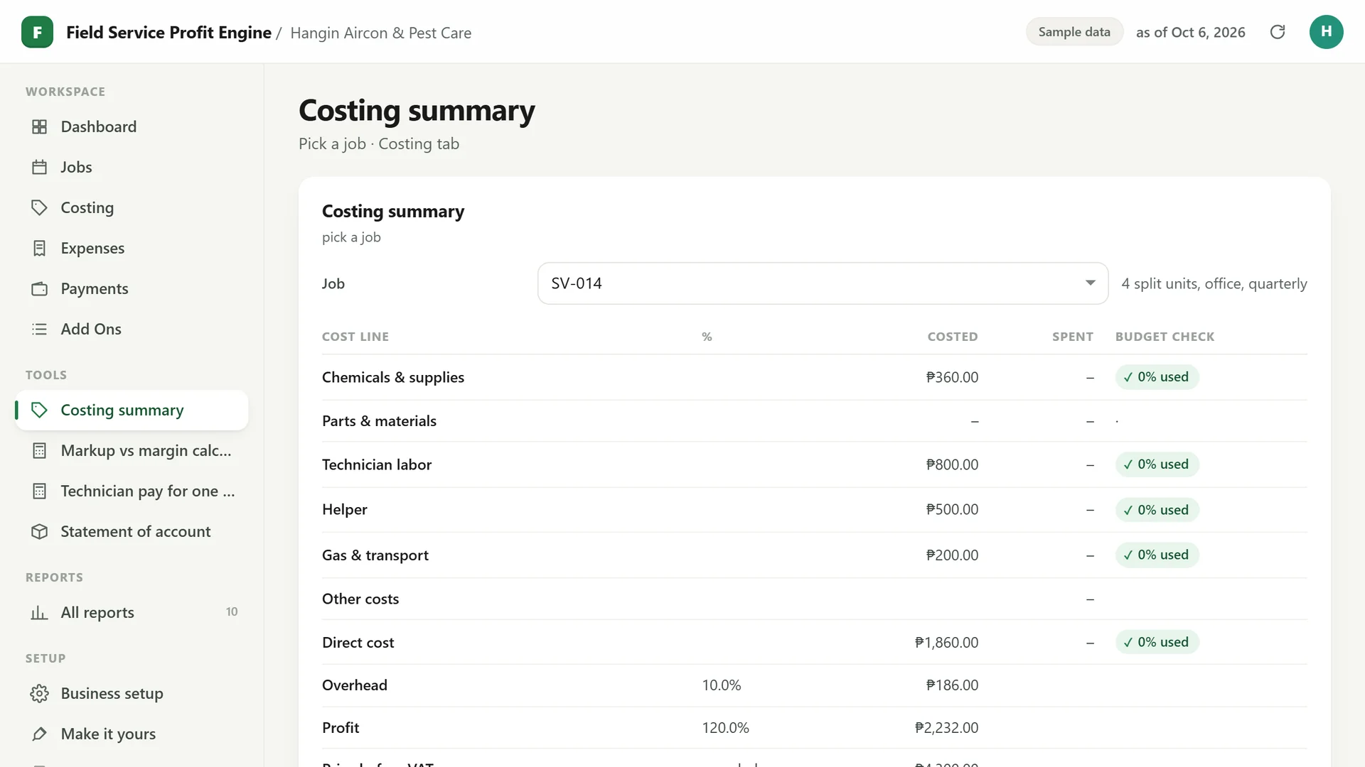 Profit Engine app: Costing per job, bago mag-quote (sample data)