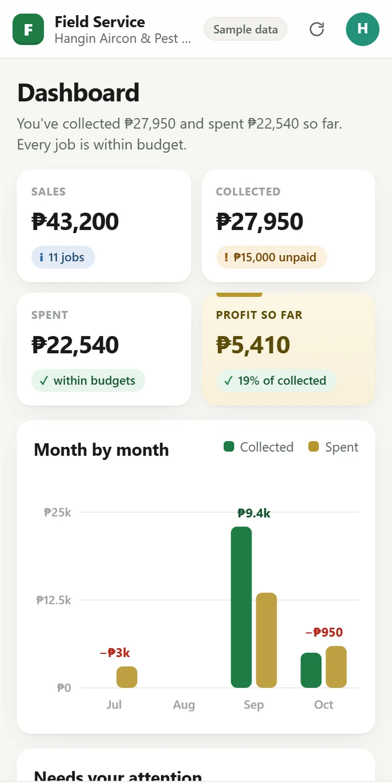 Field Service Profit Engine app on a phone (sample data)