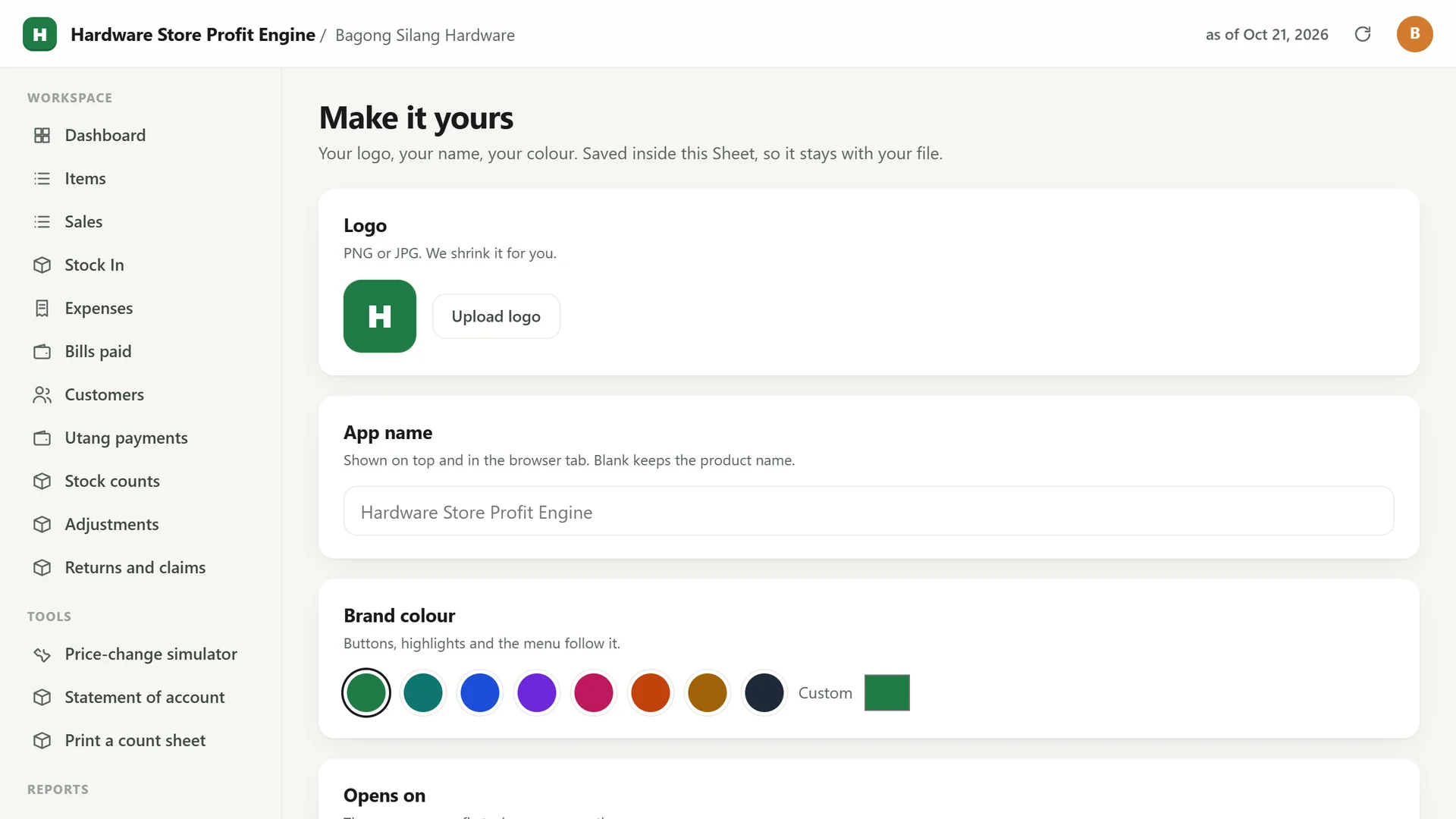 Profit Engine app: Make it yours: your logo, app name and colour (sample data)