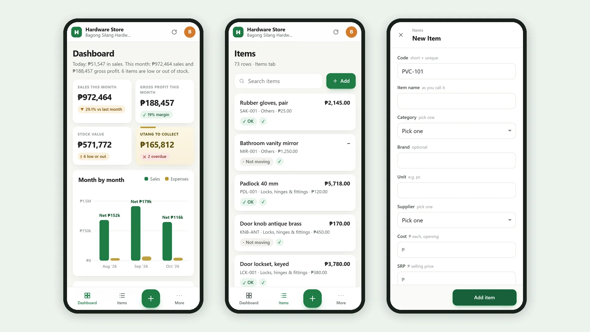 Profit Engine app: the same app on a phone: dashboard, list and add form (sample data)