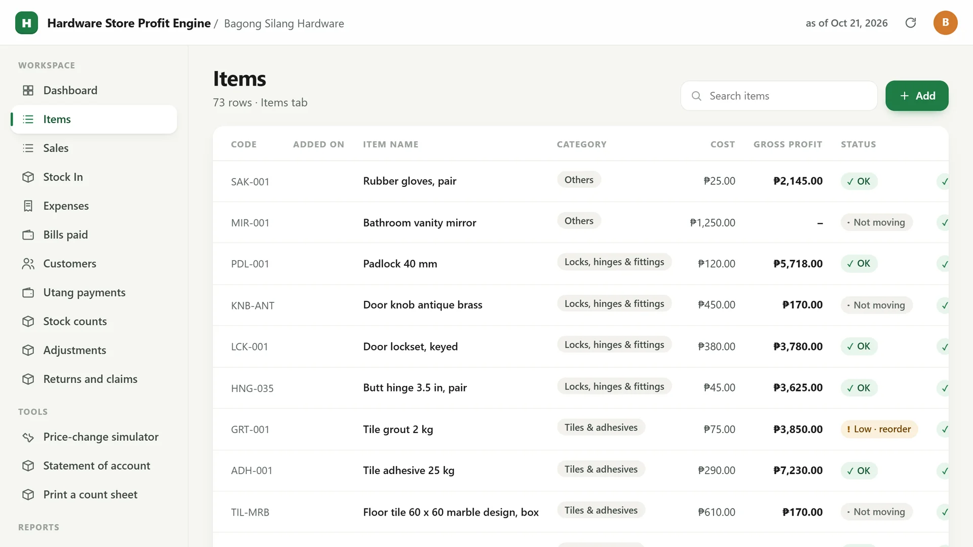 Profit Engine app: the item list with stock on hand and status (sample data)