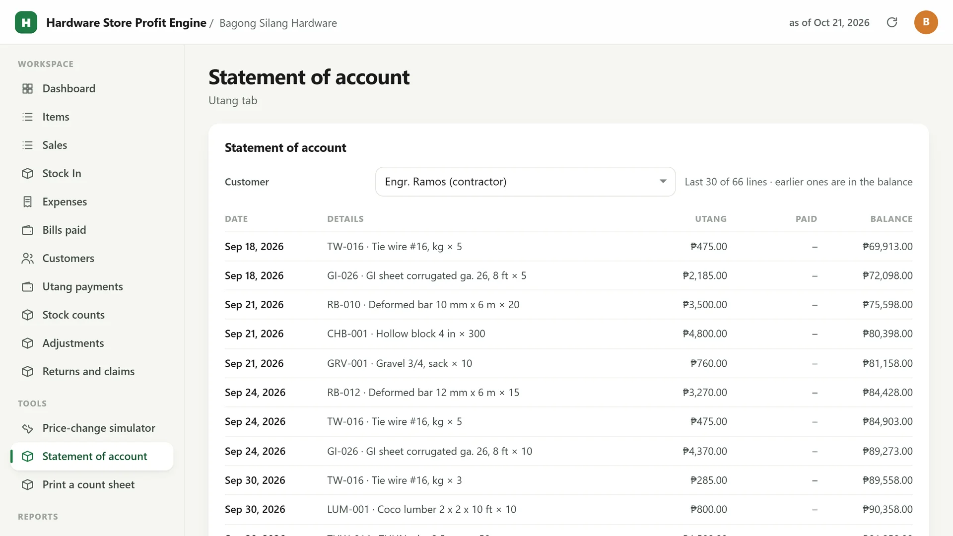 Profit Engine app: Statement of account for one contractor, with the running balance (sample data)