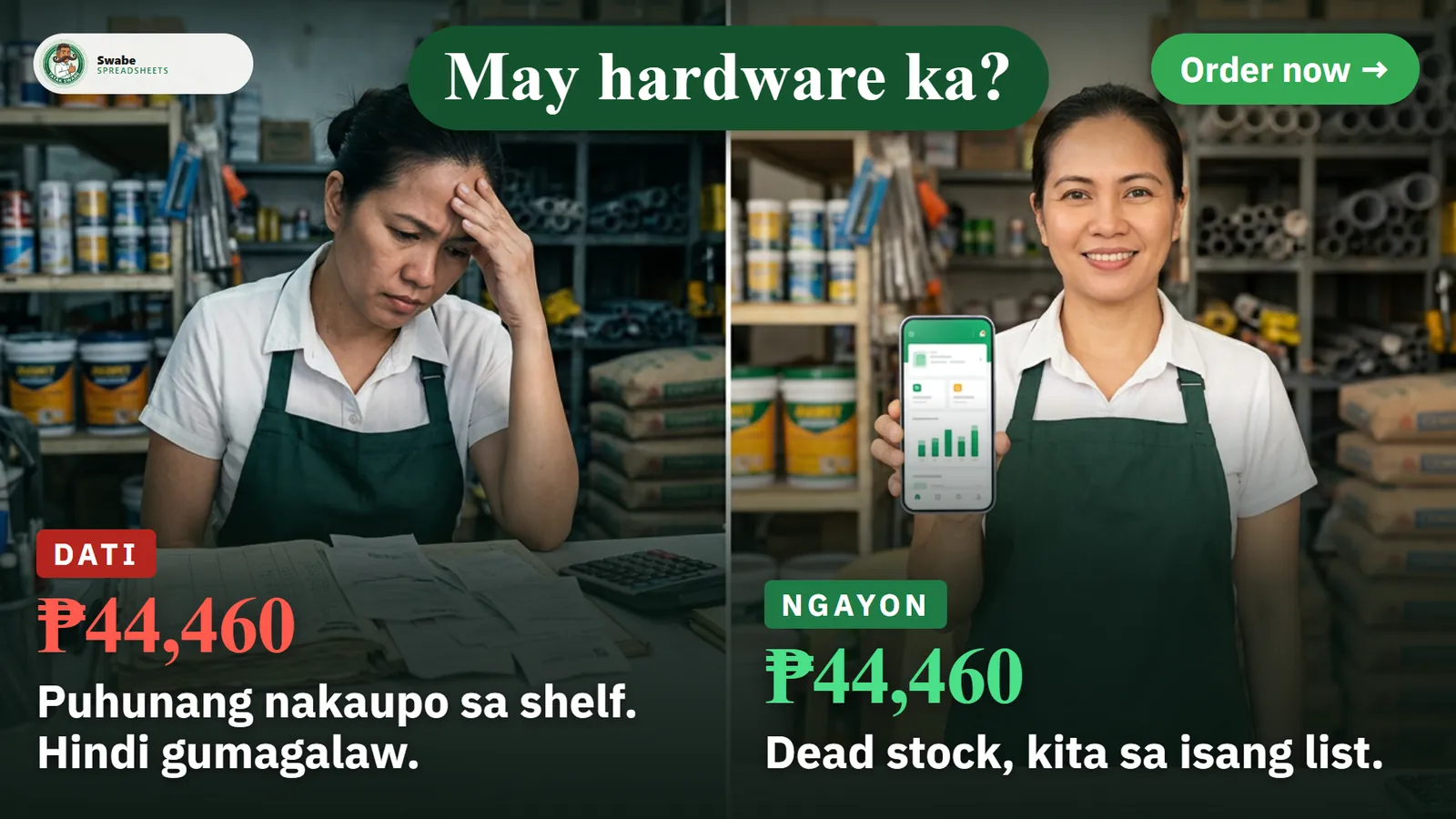 Illustration: a hardware owner, stressed before and calm after with the app on the phone