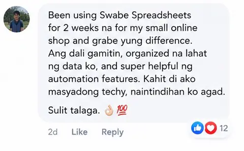 Message from a Swabe Spreadsheets buyer
