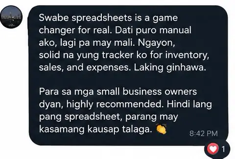 Message from a Swabe Spreadsheets buyer