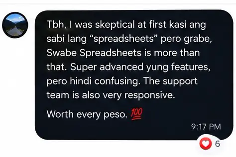 Message from a Swabe Spreadsheets buyer