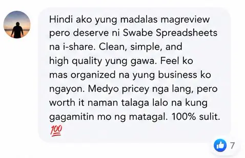 Message from a Swabe Spreadsheets buyer
