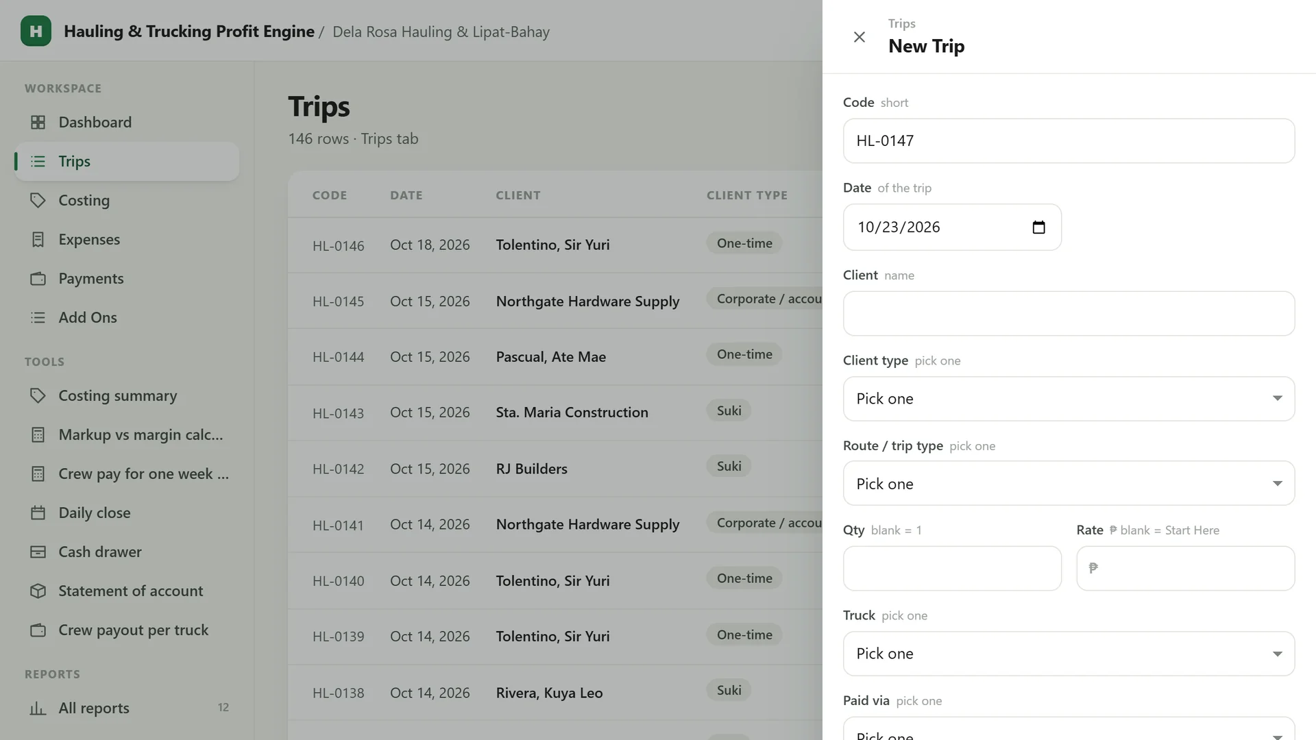 Profit Engine app: the add form for a new trip (sample data)