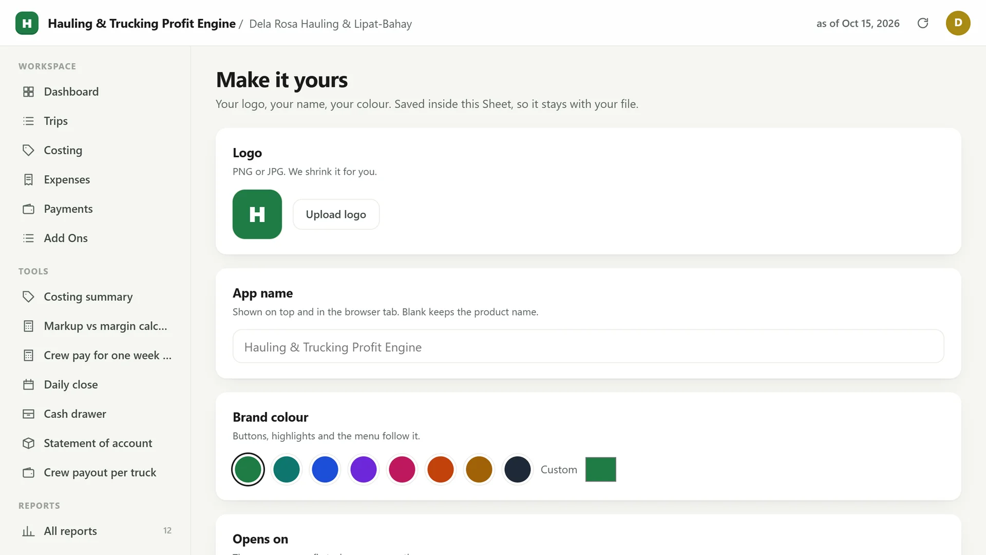 Profit Engine app: Make it yours: your logo, app name and colour (sample data)