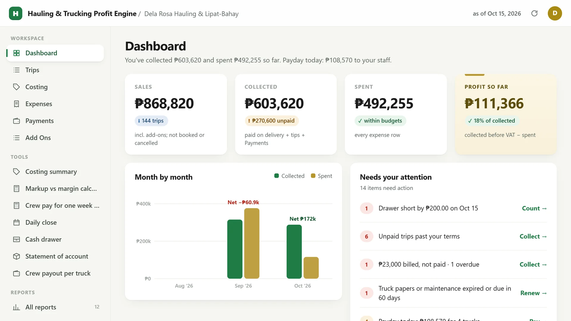 Profit Engine app: dashboard with sales, collected, spent, profit so far and what needs your attention (sample data)