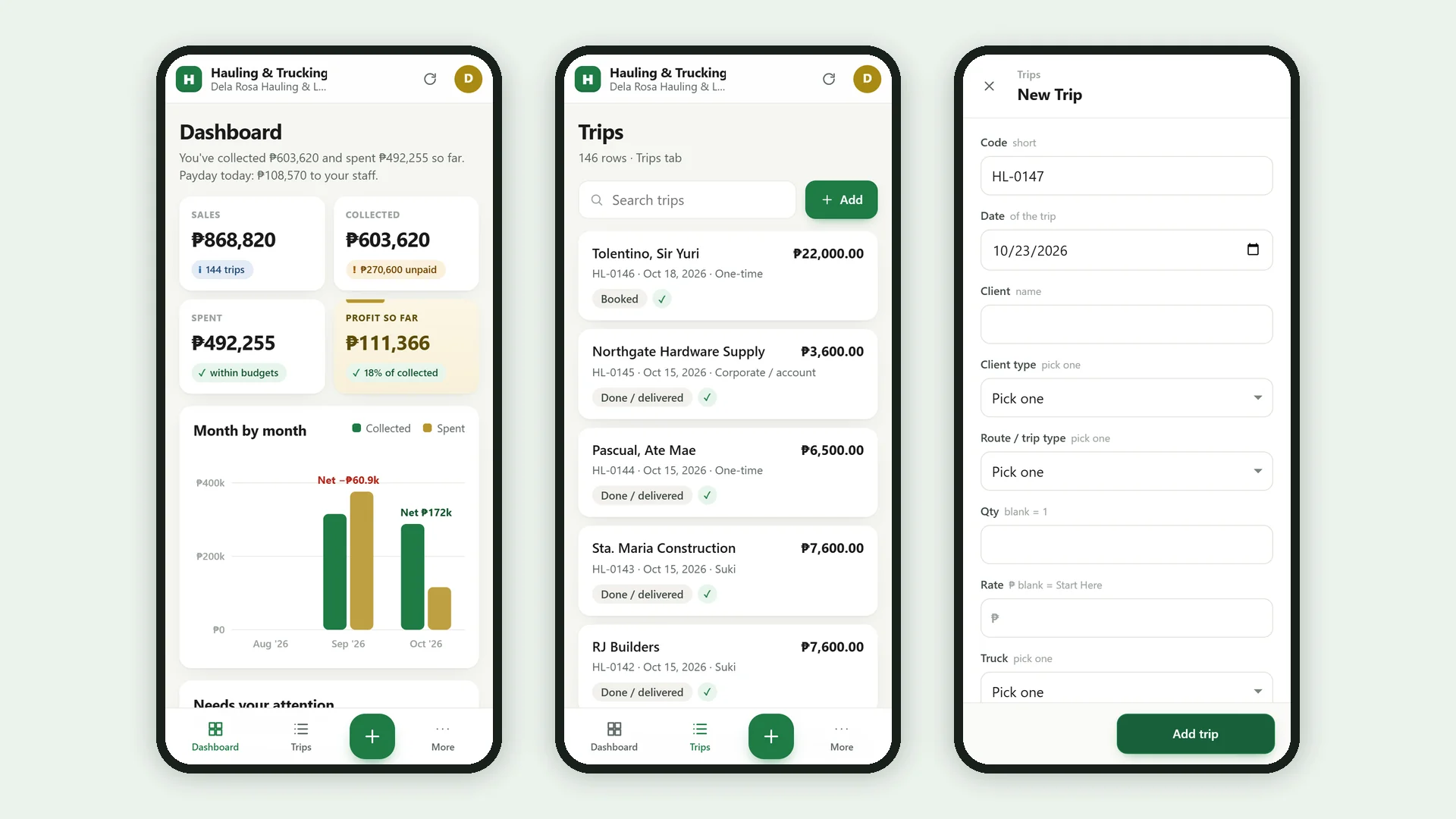 Profit Engine app: the same app on a phone: dashboard, list and add form (sample data)
