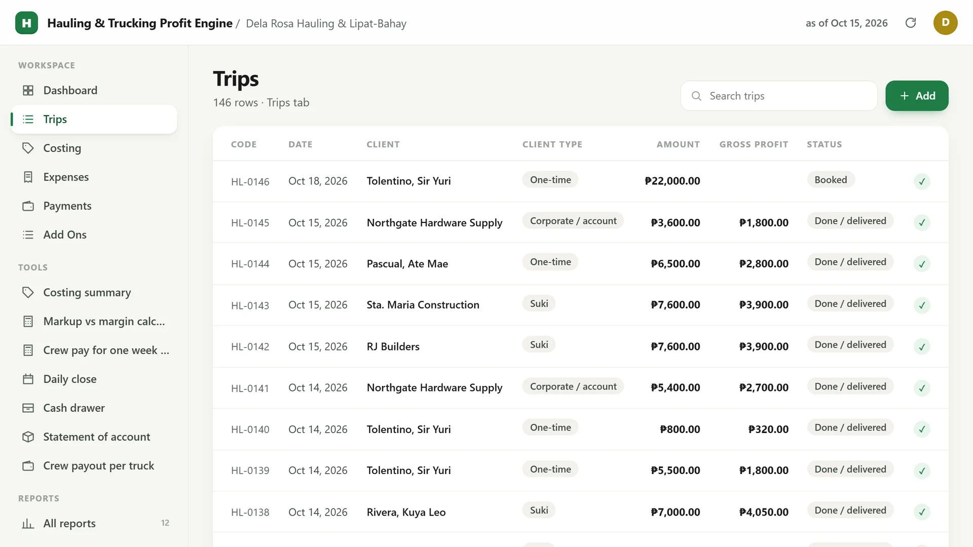 Profit Engine app: the trip list (sample data)
