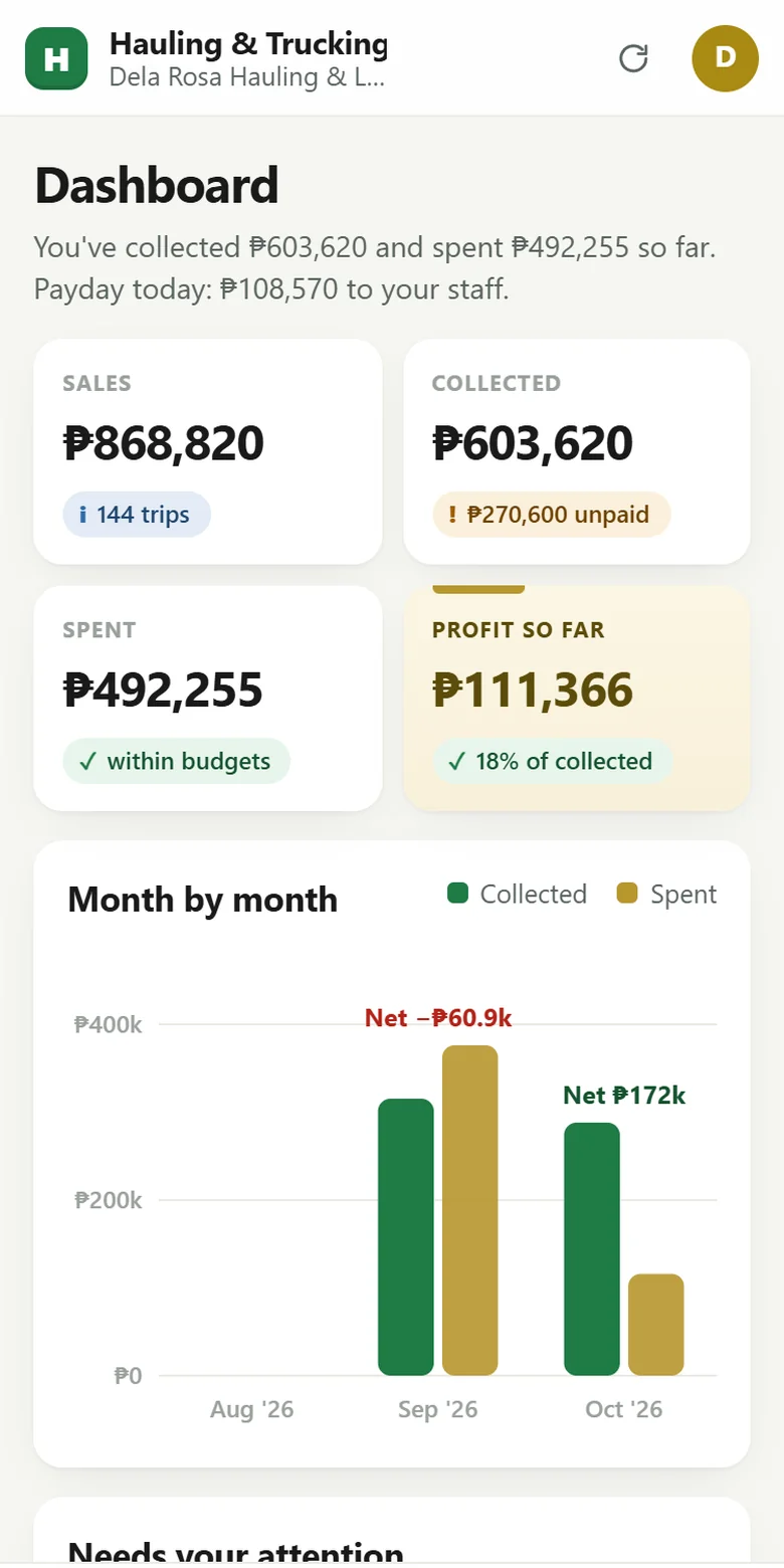 Hauling & Trucking Profit Engine app on a phone (sample data)
