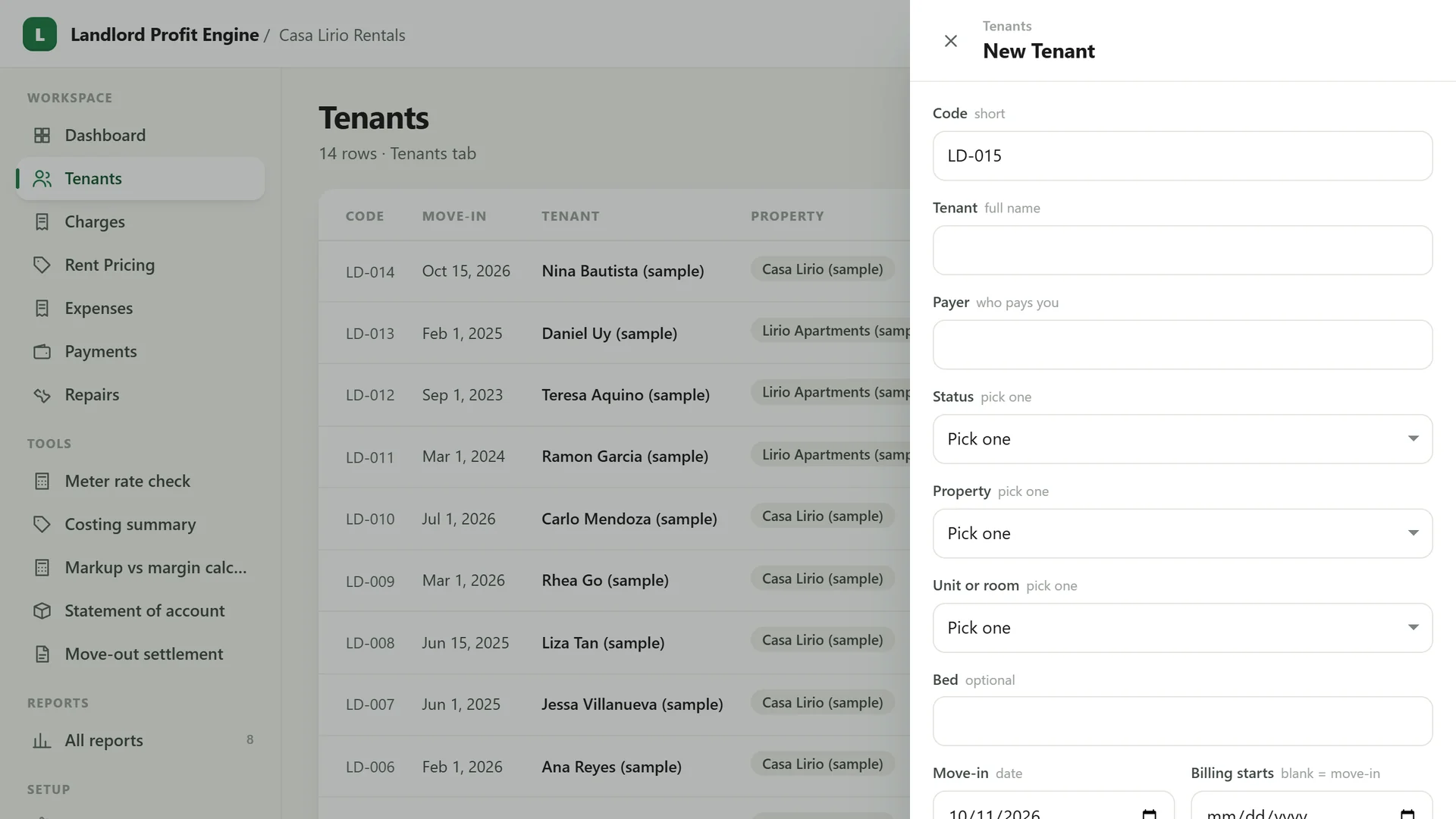 Profit Engine app: the add form for a new tenant (sample data)